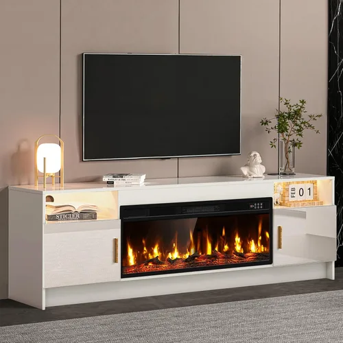 Miniatura 16 de Kucreiheat Soporte de TV negro con chimenea, luces LED, centro de entretenimiento para TV de hasta 80 pulgadas, consola de TV moderna para sala