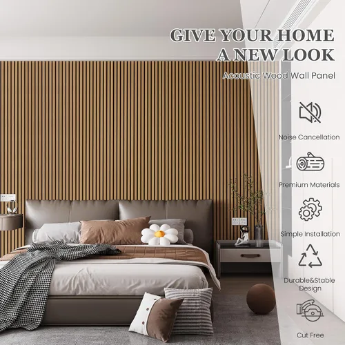 Miniatura 2 de Paquete de 4 paneles acústicos de pared de 105.9" x 12.6" x 0.8" que absorben sonido, paneles de pared de listones de madera para decoración de Teca