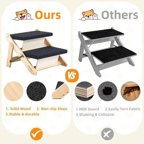 Miniatura 3 de MEWANG Wood Pet Stairs/Pet Steps - Escalera y rampa plegable de 2 niveles para perros, perfecta para camas y coches - Escalera portátil