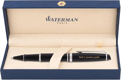 Waterman Expert - Bolígrafo roller con tapa grabada, laca negra con borde cromado, regalo personalizado para ejecutivos, miembros de la junta,