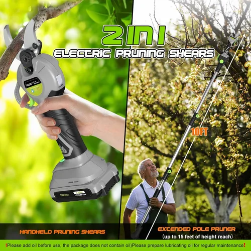 Miniatura 2 de Tijeras de poda con mástil 2 en 1 inalámbricas, tijeras de poda eléctricas con pantalla LCD, mástil extensible de 2.7m para recortar árboles, con 2