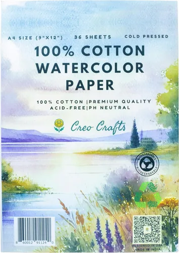 Creo Crafts Papel de acuarela 100% algodón de 9 x 12 pulgadas, 36 hojas, A4, prensado en frío, sin ácidos, pH neutro, papel prémium de grado