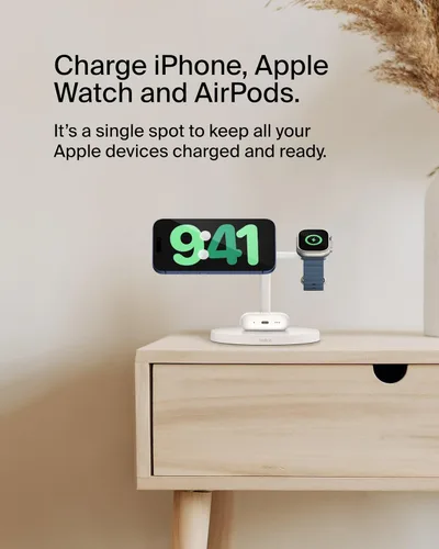 Miniatura 2 de Cargador compatible con Belkin MagSafe, estación de carga inalámbrica 3 en 1, carga inalámbrica certificada Qi2 de 15 W para Apple iPhone serie 17