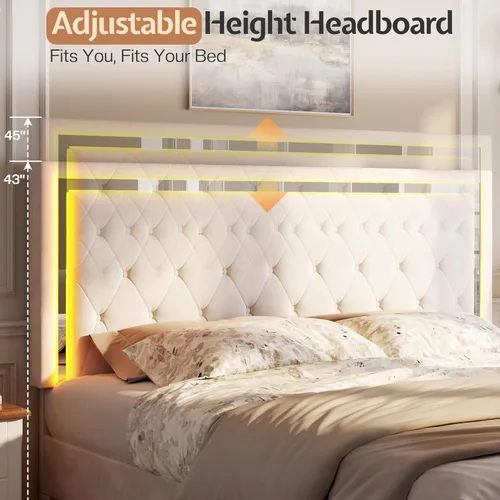Miniatura 2 de Jocisland Base de cama matrimonial con cabecero y estribo de luces LED, tapizado de terciopelo, plataforma de tamaño matrimonial, no necesita Crema