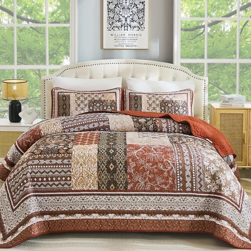 Miniatura 11 de WONGS BEDDING Juego de edredón bohemio tamaño matrimonial, juego de colcha de retazos beige de 3 piezas, juego de ropa de cama de microfibra suave