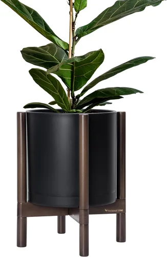 Miniatura 39 de Maceta de D'vine Dev con soporte - Maceta de flores de cilindro de plástico de 8.0 pulgadas con soporte de madera para interiores, maceta mate negra