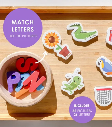 Miniatura 5 de Curious Columbus Objetos magnéticos y letras. Juego de 78 imanes de espuma que incluyen 52 imágenes y 26 imanes del alfabeto mayúsculas de la A a
