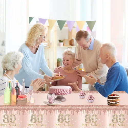 Miniatura 5 de Excelloon Paquete de 3 Manteles de Cumpleaños de 80 Años, Decoración de Mantel Rosa Púrpura Feliz Cumpleaños de 80 Años, Mantel Desechable