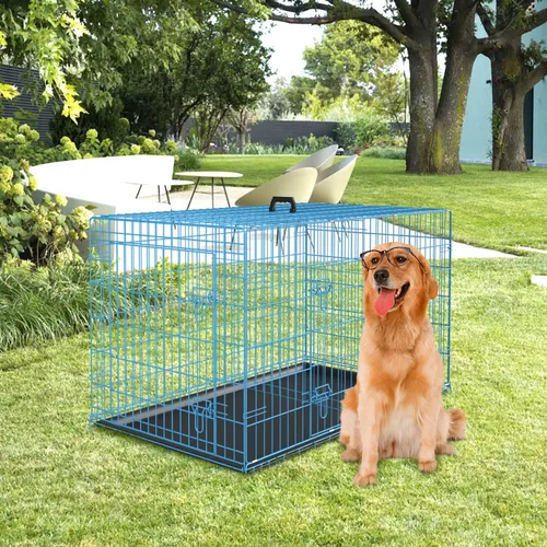 Miniatura 6 de PayLessHere - Jaula grande para perros y perrera para perros medianos y grandes, de metal, con doble puerta, plegable, para viajes, interior y Azul