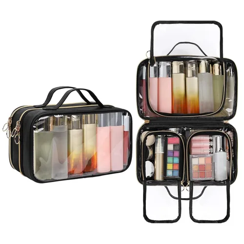 OCHEAL Neceser de viaje, organizador de maquillaje transparente de doble capa, bolsa de cosméticos de gran capacidad para mujeres que viajan,