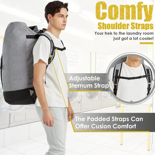 Miniatura 4 de Bolsa de lavandería para universidad, mochila de lavandería resistente de 115L con correas de hombro, bolsa grande para ropa sucia para dormitorio