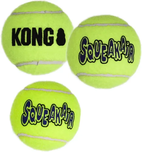 Miniatura 8 de KONG - Pelotas Squeakair (paquete de 6) - Pelotas de tenis chirriantes de primera calidad, suaves con los dientes - para perros medianos