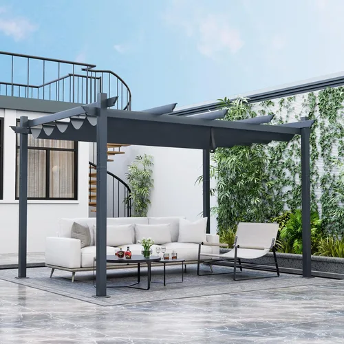 Miniatura 13 de Tangkula Pérgola para exteriores de 10 x 13 pies con toldo retráctil, pabellón de aluminio resistente para patio, terraza, jardín, patio, beige
