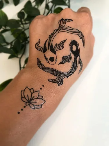 Miniatura 6 de Tatuajes temporales para mujeres adultas – 2 hojas – Black Big Ying y Yang Koi Fish Kanji Love Skeleton Heart Hand Skull Lotus Sleeve Adultos Tattoo