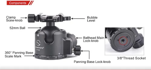Miniatura 2 de SUNWAYFOTO Trípode Ball Head XB 52 Perfil bajo Inclinación Negro