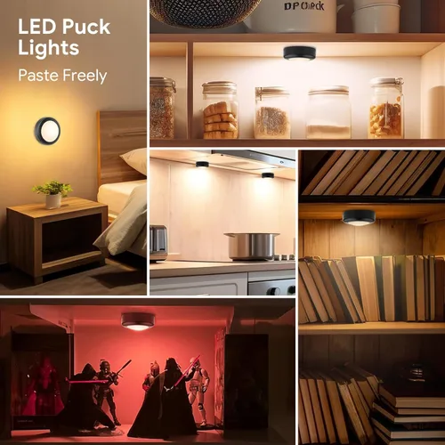 Miniatura 7 de Yiliaw - Paquete de 6 luces LED de disco con control remoto, 16 colores cambiables, iluminación LED debajo del gabinete, luces operadas por Negro