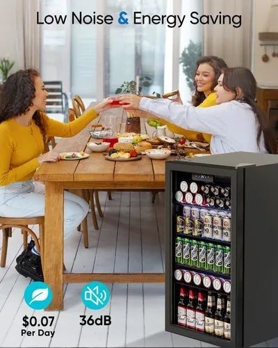 Miniatura 6 de Feelfunn Mini refrigerador de 3.2 pies cúbicos con puerta de cristal, refrigerador de bebidas para 126 latas para bebidas, cerveza, vino, refrescos