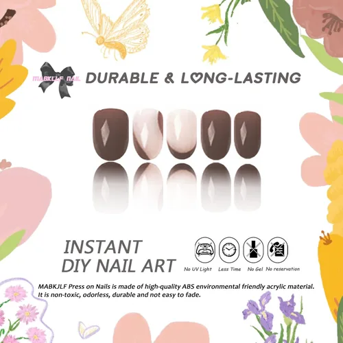 Miniatura 2 de Uñas postizas cortas a presión, uñas postizas de otoño con punta francesa, color marrón, cobertura completa, con diseños de remolinos marrones, uñas