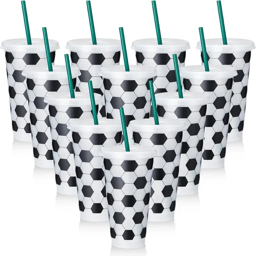 Miniatura 10 de Uiifan 6 Piezas Vasos de Fútbol de Plástico, Vasos Reutilizables a Granel con Tapa y Pajita, Regalos Deportivos para Entrenadores, Aficionados
