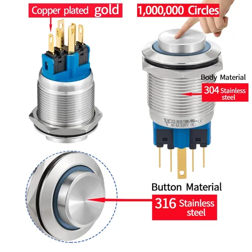 Miniatura 4 de Interruptor de botón de 0.866 in con cierre redondo alto impermeable IP67 de acero inoxidable 304 con luz LED de 110 V 120 V CA para 7/8 pulgadas