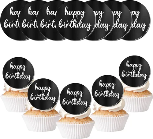 Bucherry 24 piezas de decoración de pastel de postre acrílico negro para fiesta de cumpleaños, aniversario, vacaciones, festival, celebración