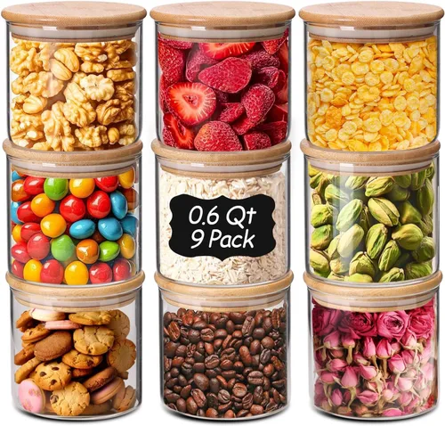 ComSaf Juego de 9 tarros de vidrio para almacenamiento de alimentos de 0.6 cuartos de galón, recipientes de almacenamiento de vidrio transparente