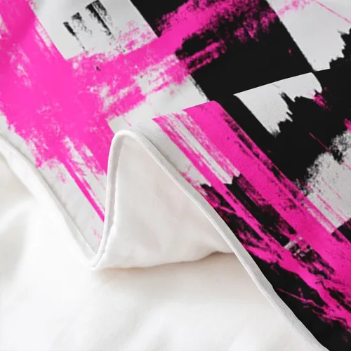 Miniatura 5 de jejeloiu Juego de ropa de cama de color rosa intenso, negro y gris, tamaño individual, juego de funda de edredón de arte abstracto para niños, funda