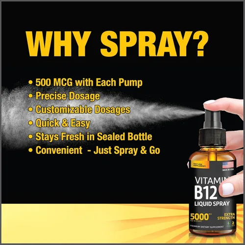Miniatura 2 de Vitamina B12 Sublingual Spray 5000 mcg – Líquido vegano de metilcobalamina B12 aumenta la energía, el estado de ánimo y la salud cerebral – Sin