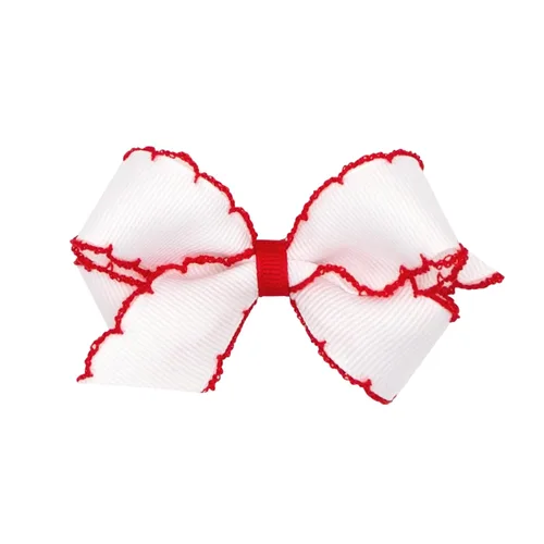 Miniatura 33 de Wee Ones - Lazo clásico de grogrén con borde de puntadas lunares para niñas, con clip para cabello WeeStay, borde en contraste, King, blanco