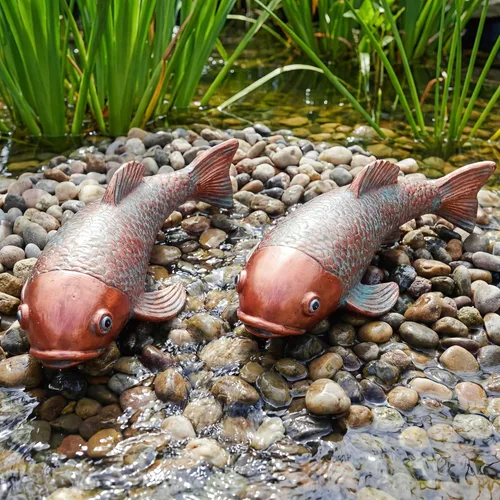 Miniatura 5 de Juego de 2 estatuas antiguas de Koi, escultura de jardín de peces reales de resina, elegante decoración de estanque de peces vivos para patio, Rojo