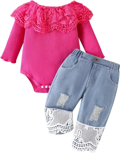 Miniatura 10 de Conjunto de ropa de bebé niña para bebé, mameluco de encaje blanco de manga larga + pantalones de mezclilla