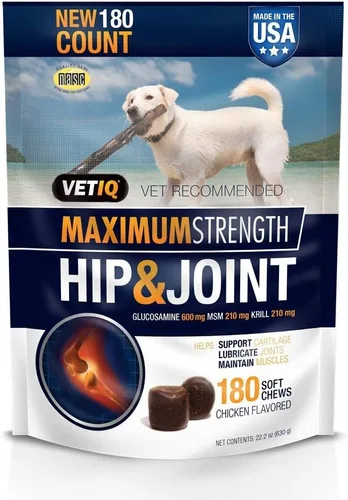 VetIQ Máxima fuerza para cadera y articulaciones, 180 masticables suaves con sabor a pollo para perros, 22.2 onzas (paquete de 3)