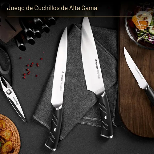 Miniatura 8 de Astercook Juego de cuchillos de cocina con bloque y afilador doble, 15 cuchillos de acero inoxidable alemán de hoja afilada, aptos para Premium