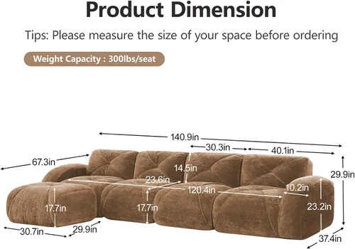 Miniatura 2 de Sofás modulares en forma de L de 140.9 pulgadas para sala de estar, moderno sofá sin hueso de terciopelo con 1 otomana, no requiere montaje, cómodo