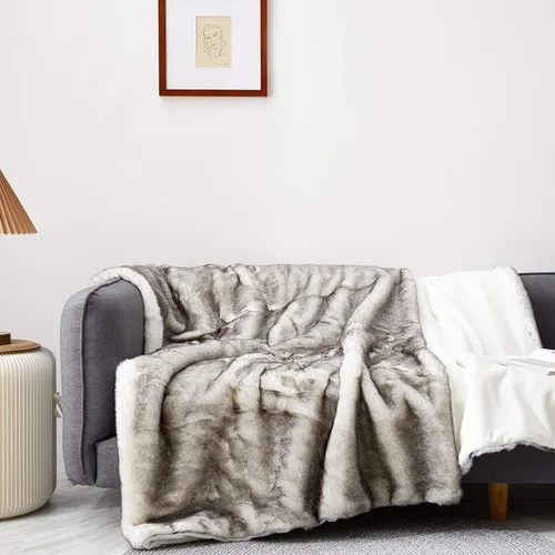 Miniatura 9 de Eikei Manta de lujo de piel sintética súper suave, de gran tamaño, gruesa, cálida, afgana, reversible a terciopelo de felpa en lobo gris tostado