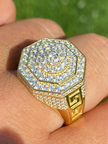 Miniatura 2 de Men's Real Solid 925 Sterling Silver Octagonal Hip Hop Ring - 14k Gold Plated - Super Iced Large Flooded Out Pinky Ring - Sz 7-13