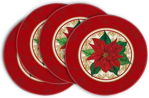 Artoid Mode Juego de 4 manteles individuales redondos de Navidad con acuarela de Poinsettia roja, 15 pulgadas, alfombrillas de mesa redondas de