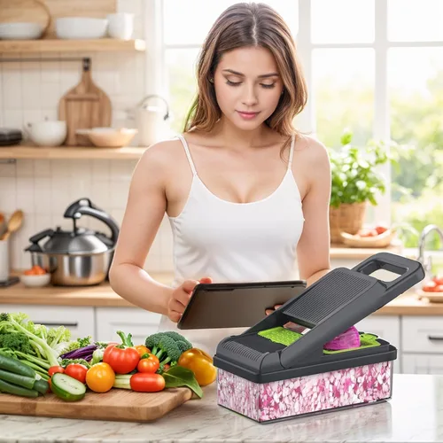 Miniatura 6 de StoreHappily Picador de verduras 12 en 1, picador de verduras de 7 cuchillas con recipiente y tapa, cortador, rebanador, utensilios de cocina Verde