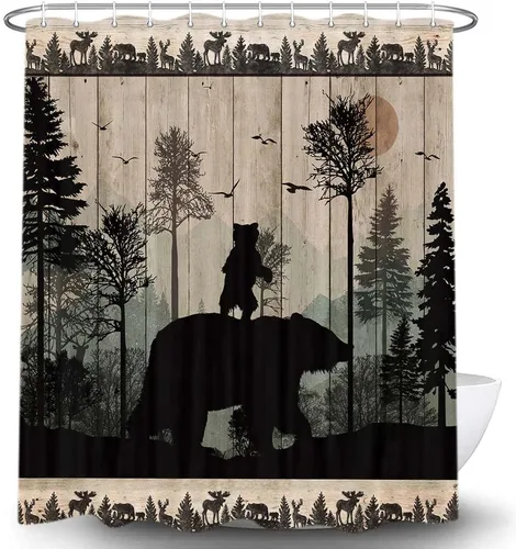 Miniatura 6 de Torich Juego de cortinas de ducha de oso rústico, diseño de bosque y bosque, caza, animales, cabaña, tablero de madera, decoración de baño