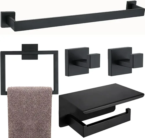 Miniatura 17 de Juego de 5 piezas de accesorios de ferretería para baño en negro mate, juego de toalleros cuadrados de 16 pulgadas para baño, juego de barras