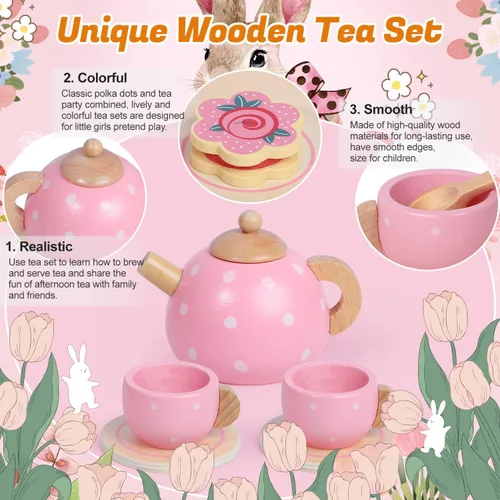 Miniatura 3 de Juego de fiesta de té de madera para niñas pequeñas, regalos para niñas pequeñas, juguetes de la hora del té de princesa, juego de té de madera