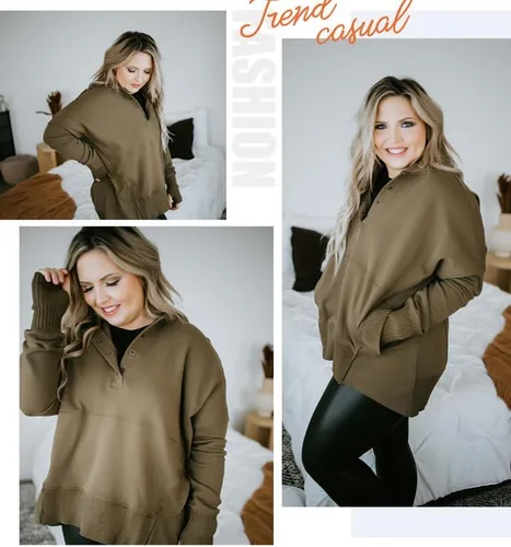 Miniatura 5 de SHEWIN Sudadera de gran tamaño para mujer, casual, con botones, cuello en V, con bolsillo