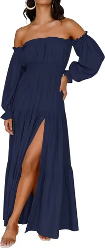 Miniatura 10 de ZESICA - Vestido largo, bohemio y sexy, con hombros descubiertos y manga larga fruncida, con elástico fruncido, cintura alta y abertura lateral