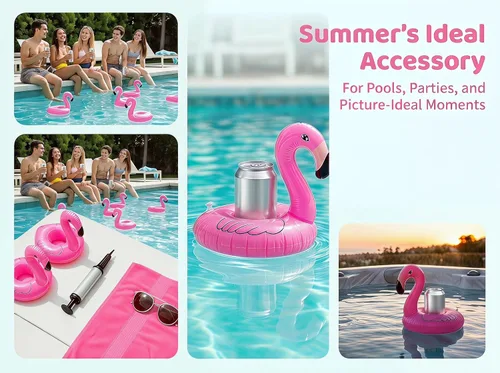 Miniatura 6 de Soporte inflable flotante para bebidas de flamenco, paquete de 12 posavasos flotantes para piscina, portavasos para latas de bebidas, tazas