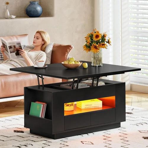 Miniatura 9 de CHOEZON Mesa auxiliar elevable de 40 pulgadas con 2 cajones, luces LED y almacenamiento, mesa central multiusos 4 en 1 con base flotante, para sala