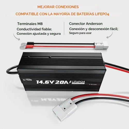 Miniatura 4 de LiTime Cargador de batería de litio de 12 V 20 A, cargador de batería LiFePO4 de 14.6 V, cargador inteligente AC-DC con conector Anderson indicador