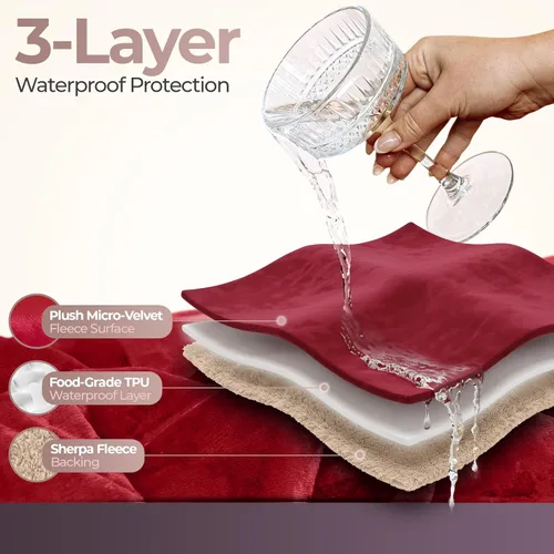 Miniatura 3 de Sacred Weapon Manta impermeable para cama – Manta doble de sherpa y forro polar – Manta impermeable para sofá absorbente, lavable y a prueba de Rojo