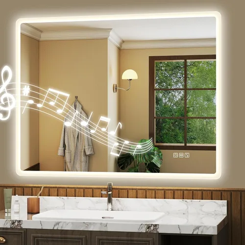 Miniatura 9 de S'bagno Espejo de baño LED de 32 x 24 pulgadas con luces, altavoz Bluetooth, antivaho e impermeable, espejo de pared regulable con control táctil, 3