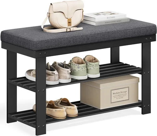 Miniatura 8 de SONGMICS Banco de zapatos de bambú, organizador de zapatos de 3 niveles para entrada, sala de estar, asiento de banco con capacidad para hasta 300