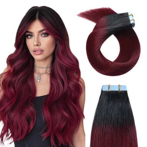 Miniatura 31 de YILITE Extensiones de cabello adhesivas de color rojo, 18 pulgadas, 50 g, 20 unidades, #99J, 100% cabello humano Remy, trama de piel sin costuras